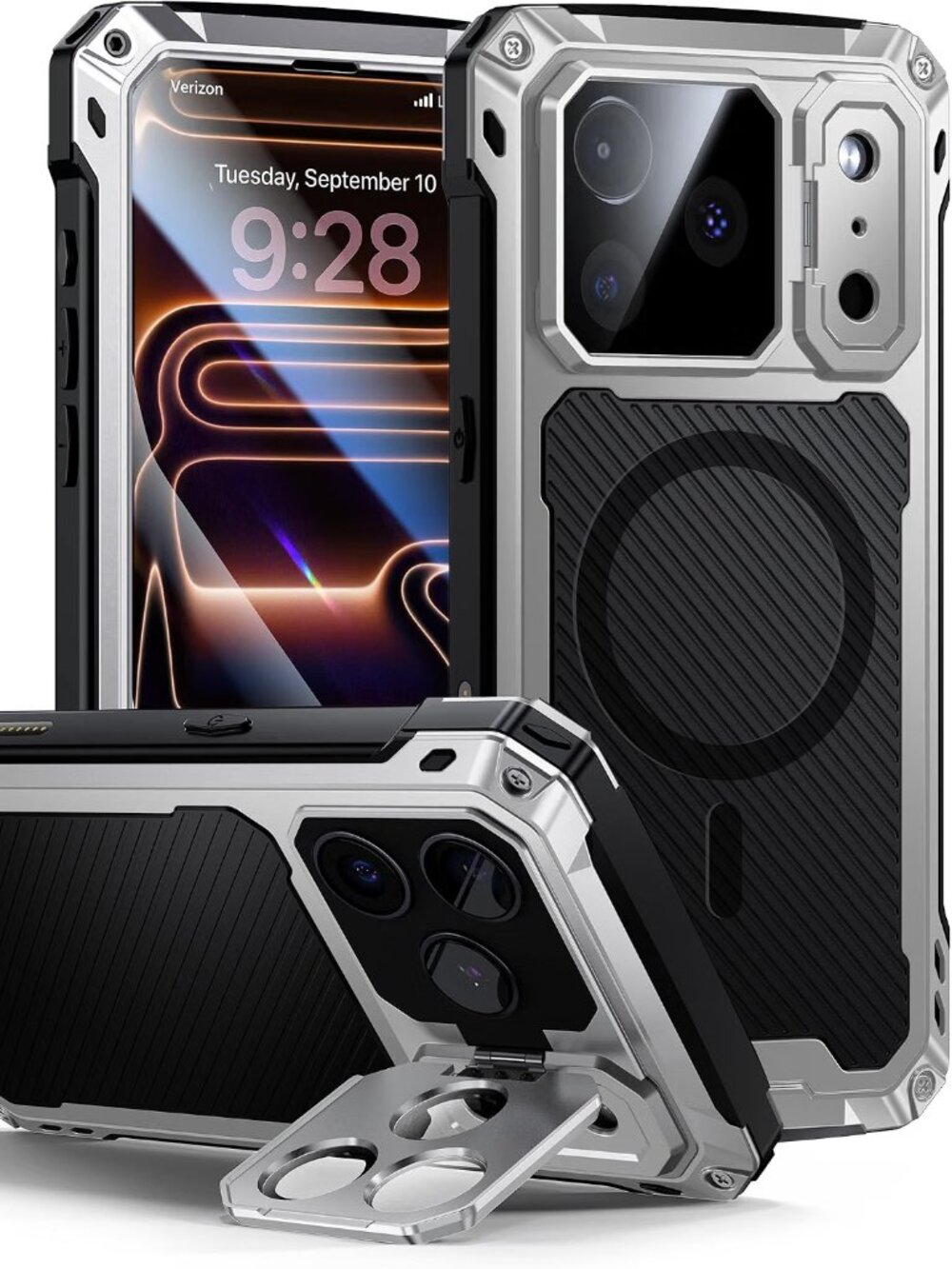 iPhone 17 Pro Max Lanhiem Metal Case Kickstand Screen Protector Silver